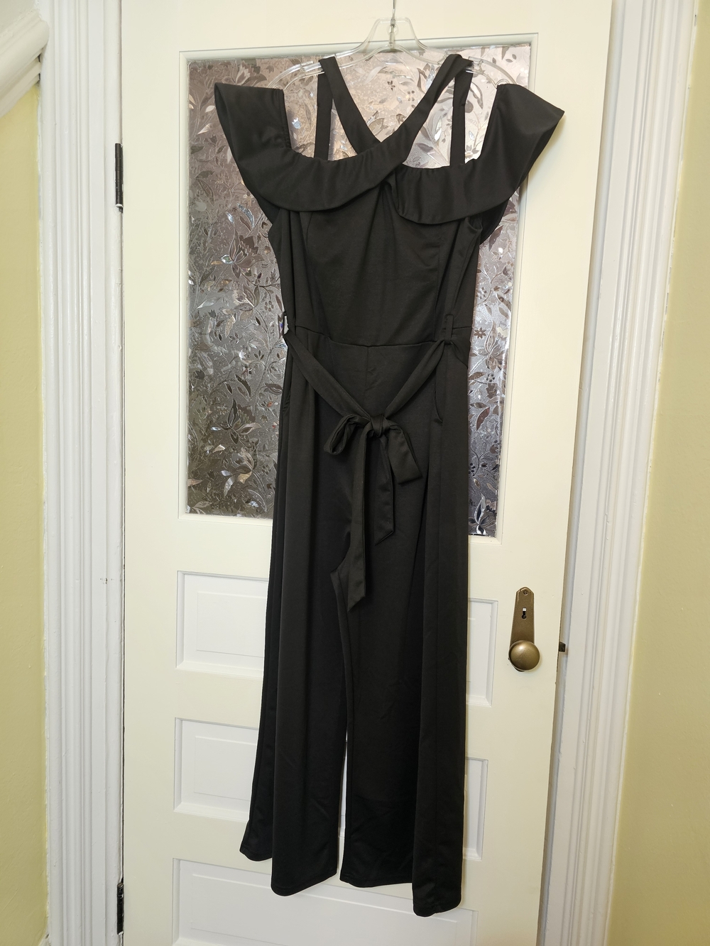 Off-Shoulder Black Jumpsuit with Tie Waist